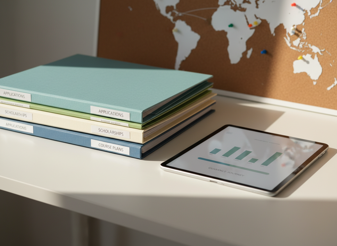 A close-up, photographic-realistic view of a neatly stacked pile of color-coded folders labeled with subtle, generic tags like “Applications,” “Scholarships,” and “Course Plans,” arranged on a smooth matte white desk. Next to the folders, a tablet displays a clean, modern dashboard with simplified graphs and a progress bar labeled “Guidance Journey.” In the softly blurred background, a world map pinboard with small, color-coded pins suggests global education opportunities. Warm, indirect afternoon light enters from the right, creating gentle shadows along the folder edges and a calm, reassuring mood. Captured from a slightly elevated, three-quarter angle with shallow depth of field, highlighting structured organization and thoughtful planning in education consulting.