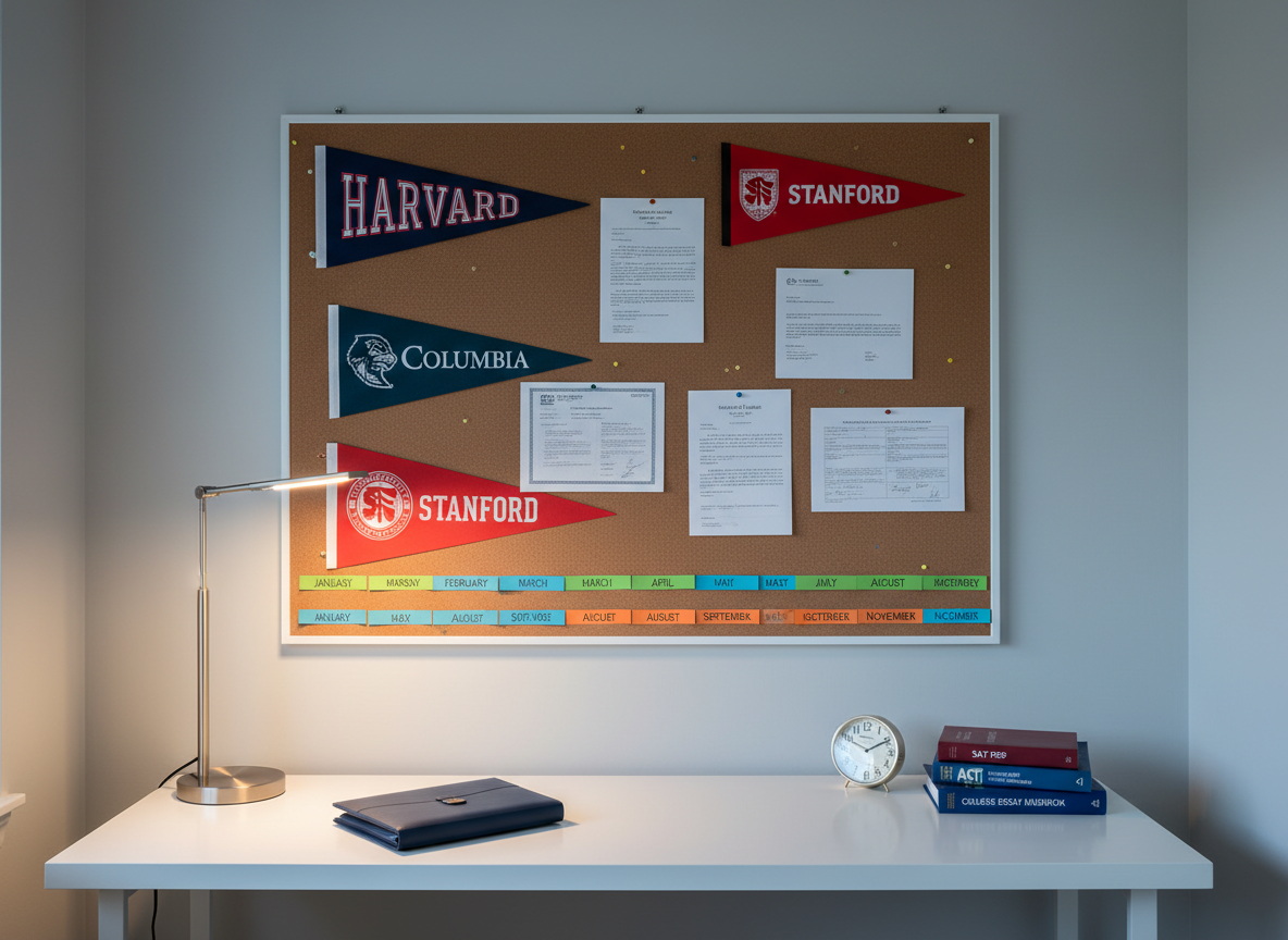 A refined, photographic image of a modern study corner featuring a large corkboard mounted on a matte light-gray wall, covered with neatly pinned university pennants, printed acceptance letters with names unreadable, and color-coded timeline strips labeled with months. Below, a simple white desk holds a closed navy-blue portfolio, a tidy stack of standardized test prep books, and a small analog clock indicating early evening. A soft desk lamp with a warm, focused glow illuminates the board and desk surface, contrasting gently with the cool ambient room light, creating a balanced, professional atmosphere. Shot straight-on at eye level with moderate depth of field, the composition feels structured and aspirational, representing the journey from planning to admissions success without depicting any people.