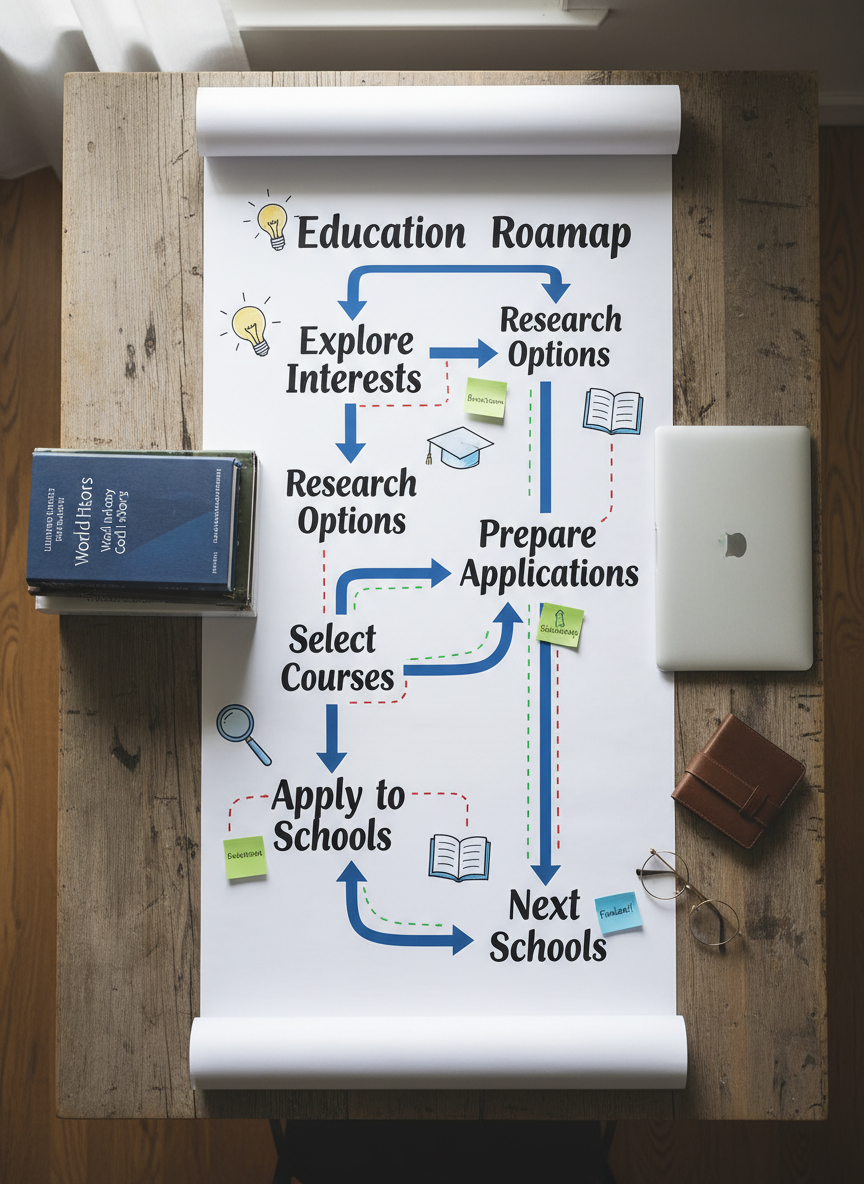 A highly detailed, photographic overhead shot of a large wooden table arranged as a comprehensive education roadmap. On the table, a sprawling sheet of white paper is divided into clearly marked stages such as “Explore Interests,” “Select Courses,” and “Apply to Schools,” with arrows, icons, and color-coded sticky notes placed precisely along the path. Surrounding the roadmap are tidy stacks of textbooks, a closed laptop, and a pair of minimalist metal-framed reading glasses resting near the “Next Steps” area. Soft, diffuse daylight from a nearby window washes evenly across the table, reducing harsh shadows and creating a calm, methodical mood. The composition is meticulously organized, with sharp focus across the entire frame, evoking strategic, expert guidance in education planning.